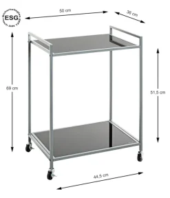 Beistelltisch auf Rollen 50 x 36 cm Glas schwarz lackiert/grau