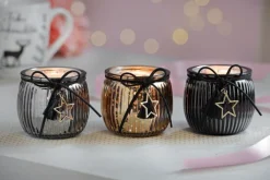 casaNOVA Windlicht BLACK FORREST Glas Metall Echtleder 8 x 8 x 7 cm Goldfarbig/Schwarz