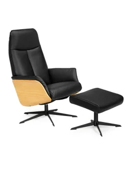 CASAVANTI Ledersessel mit Hocker SOLEDA 2-teilig schwarz /Eiche