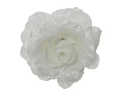 Dekoration Rose auf Clip Höhe 7cm Weiß Glitzer