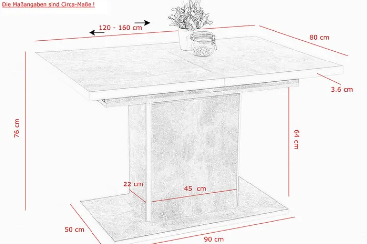 QUARTIER Esstisch ALICE T 120-160 x 80 cm betongrau