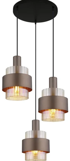 GLOBO Pendelleuchte MILLEY, höheneinstellbar 80-150 cm, Metall/Glas, E27, 3 Brennstellen, 180 W, Schutzklasse 1, IP20, Braun/Schwarz/Goldfarbig