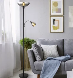 GLOBO Retrofit Deckenfluter mit Leselampe BLADE schwarz /Rauchglas