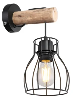 GLOBO Retrofit Wandleuchte MINA II schwarz /Holz naturfarbig