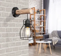 GLOBO Retrofit Wandleuchte MINA II schwarz /Holz naturfarbig