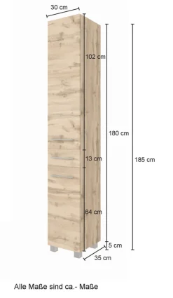 Hochschrank LIVORNO 30 x 180 cm Wotan Eiche/ Weiß matt