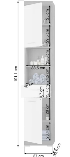 Hochschrank SCOUT 37 x 191 cm grau/ weiß Hochglanz