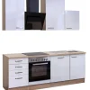 QUARTIER Küchenblock VALERO Hochglanz weiß / Sonoma Eiche mit E-Geräten schwarz