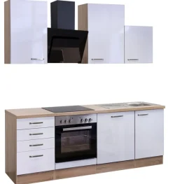 QUARTIER Küchenblock VALERO Hochglanz weiß / Sonoma Eiche mit E-Geräten schwarz