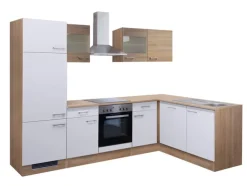 QUARTIER Küchenwinkel Jack – L-Form – Samoa Weiß / Eiche Sonoma Nachbildung – inklusive E-Geräte
