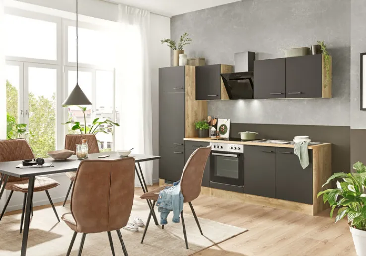 FLEX-WELL Küchenzeile MARY Touch Schwarz/ Endgrain Oek 270 cm