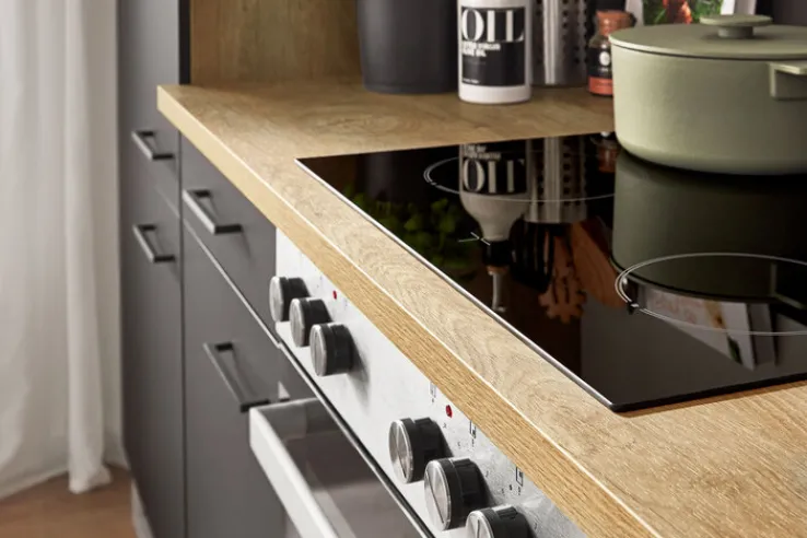 FLEX-WELL Küchenzeile MARY Touch Schwarz/ Endgrain Oek 270 cm