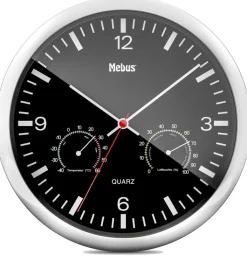 Mebus Quarz-Wanduhr mit Thermo- und Hygrometer 25 cm schwarz