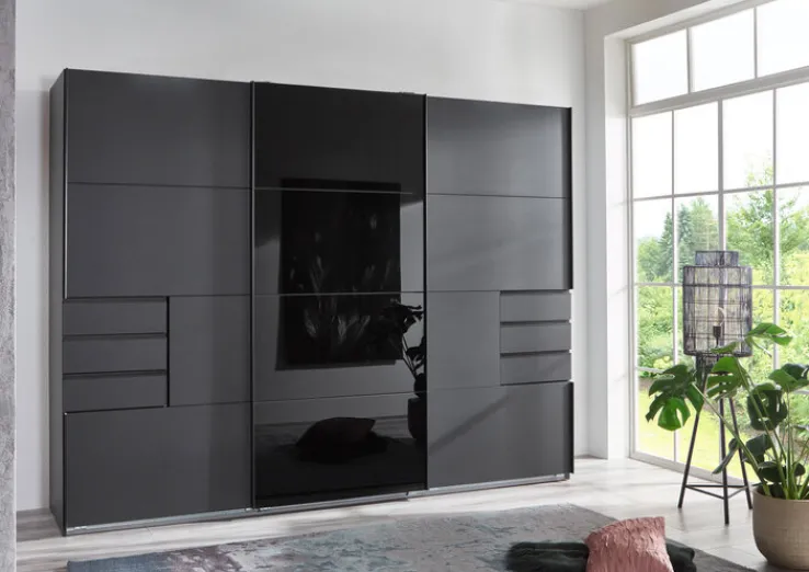 QUARTIER Schwebetürenschrank TENERIFFA 270 x 210 cm grau/ schwarz