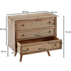Sideboard 80 x 75 cm Mango massiv und Rattan