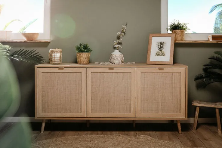 Sideboard BALI 150 x 71 cm Sonoma Eiche/ Rafia Geflecht