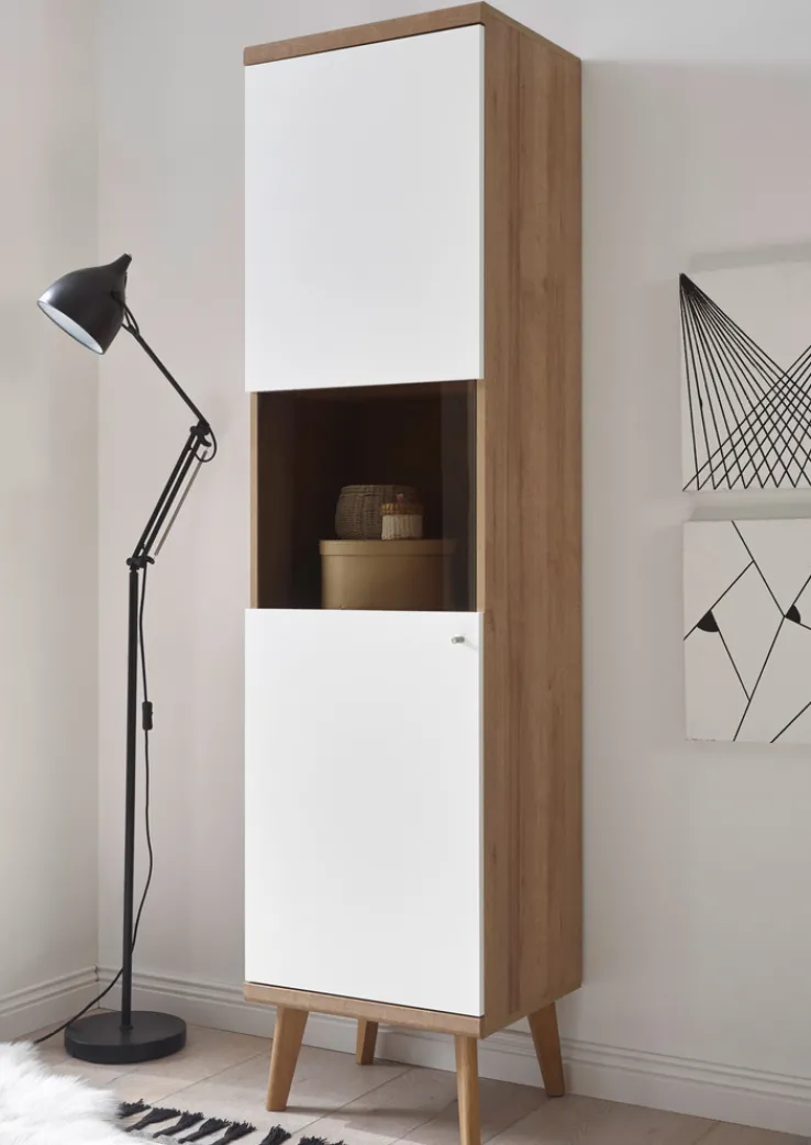 Vitrine 23 LENA/MERLE 50x197 cm Weiß Matt / Riviera Eiche Dekor