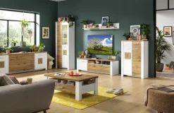 QUARTIER Vitrine RAMIRA 80x202 cm Weiß supermatt / Eiche Nachbildung