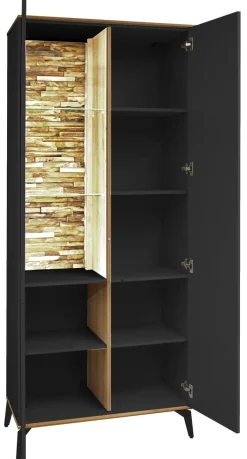 QUARTIER Vitrinenschrank COMO 81 x 180 cm Anthrazit matt Lack/Asteiche-Dekor