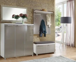 VOSS Garderobenkombination 4-teilig SANTINA 290 x 190 x 40 cm Lack weiß/ Glasfront taupe
