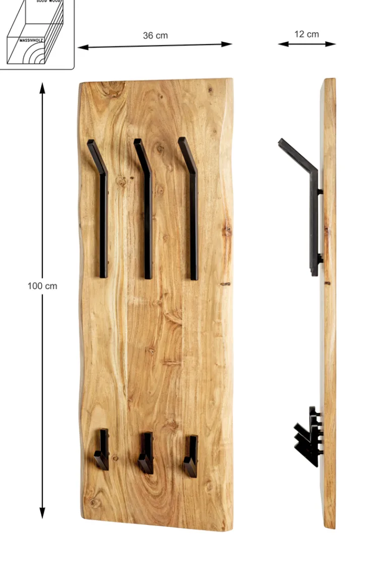 Wandgarderobe 36 x 100 cm Akazie Massivholz/schwarz