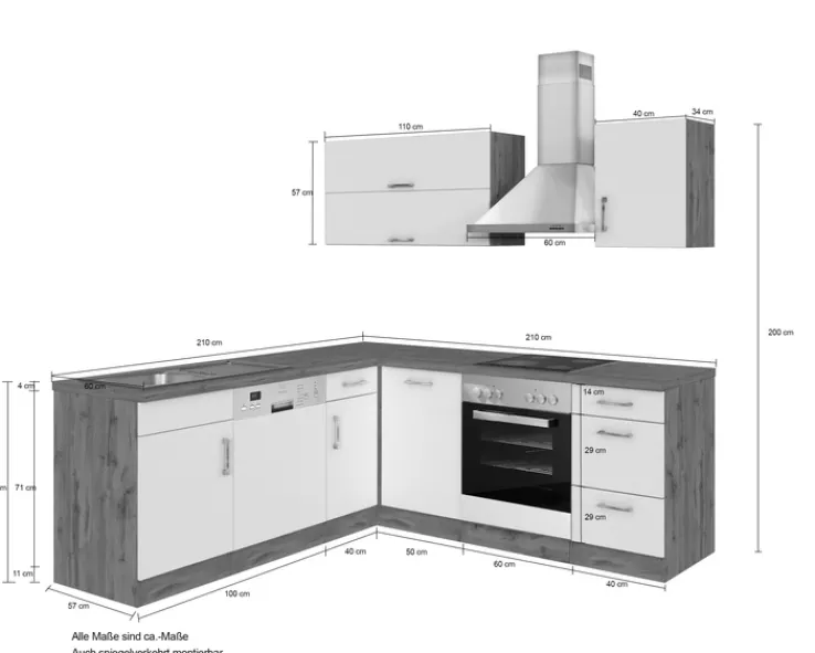 Winkelzeile ODENSE 210 x 210 cm Wotan-Eiche Dekor/ Weiß